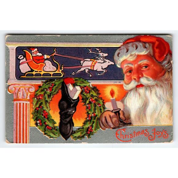 Vintage Santa Claus Christmas Joys Holiday Postcard with Reindeer and Sled - Picture 1 of 2